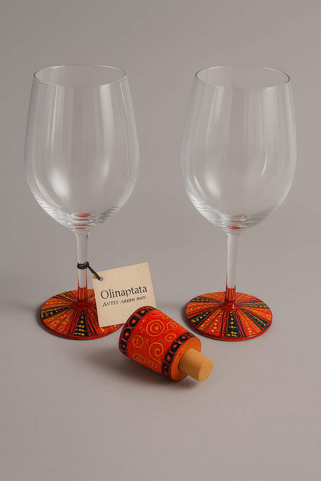 Set artesanal de copas para vino con bases pintadas a mano y tapón decorativo, elaborados por artesanos mexicanos.