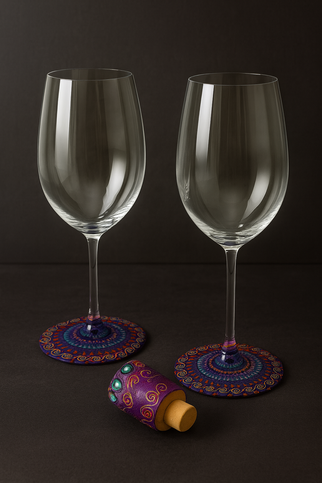 Set de copas para vino con bases decoradas en arte alebrije y tapón artesanal pintado a mano, elaborado por artesanos mexicanos