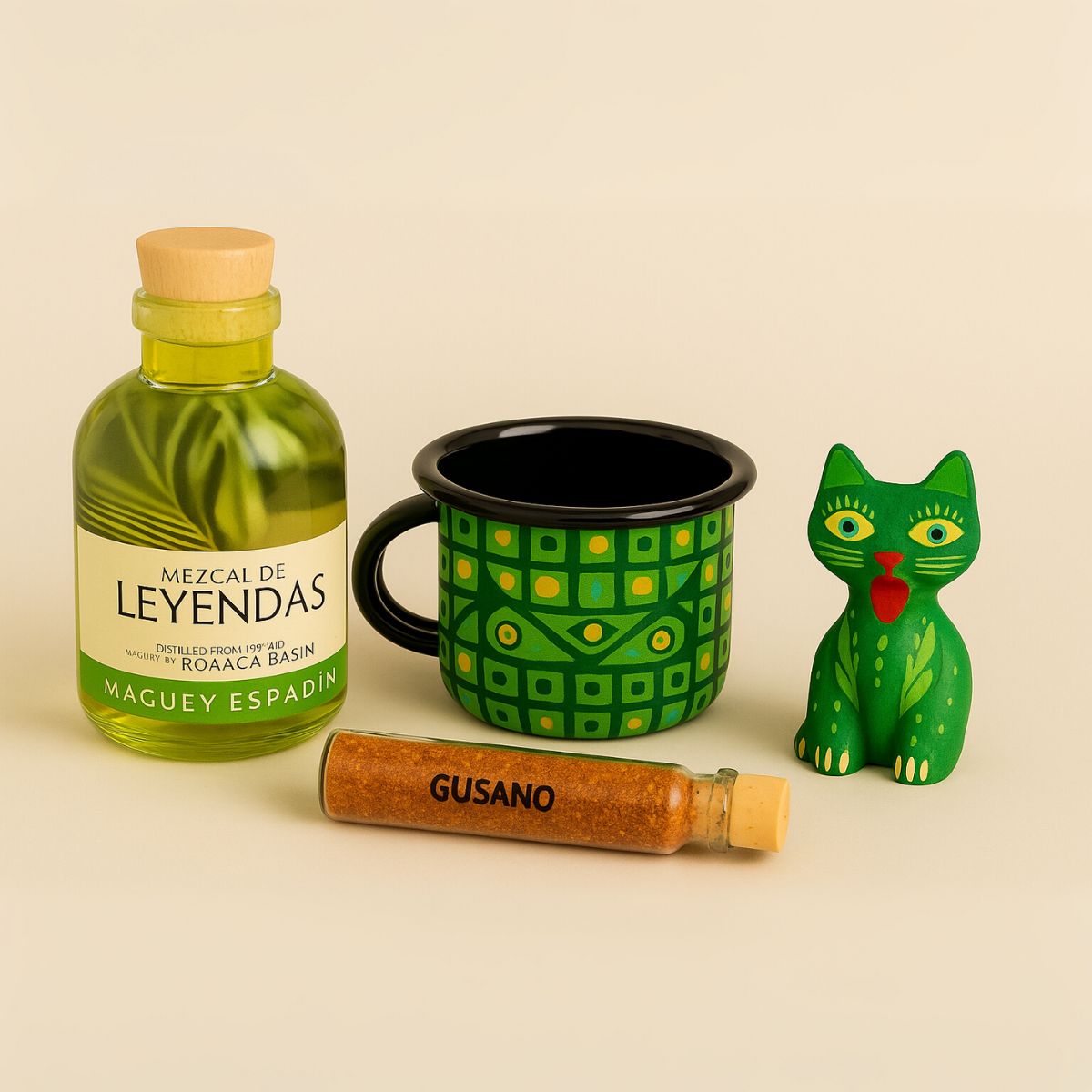 Pocillo en peltre 100% libre de plomo pintado a mano con técnica alebrije, 1 mezcal Leyenda de 100 ml, 1 tubo de sal de gusano para mezcal y un alebrije mini.