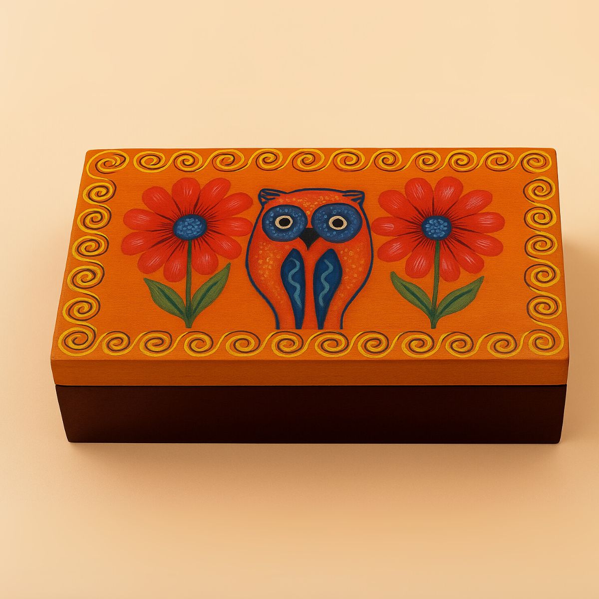 Caja de madera con tapa pintada a mano con técnica alebrije por artesanos de Tilcajete, Oaxaca.